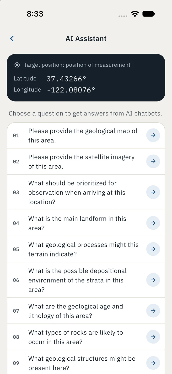 AI Assistant screen showing the target position's latitude and longitude above a numbered list of preset geology questions