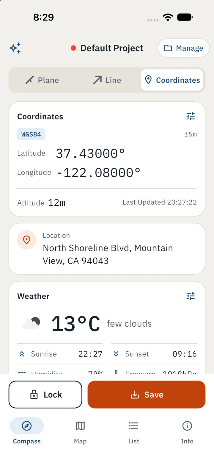 Coordinates mode showing WGS84 latitude and longitude, altitude 12 m, the street address and current weather of 13°C with few clouds