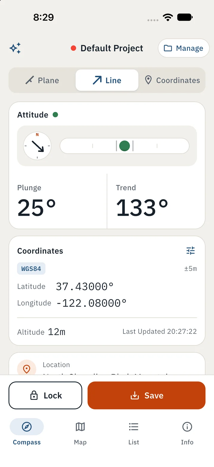 Line mode reading plunge 25° and trend 133°, with WGS84 coordinates and altitude below