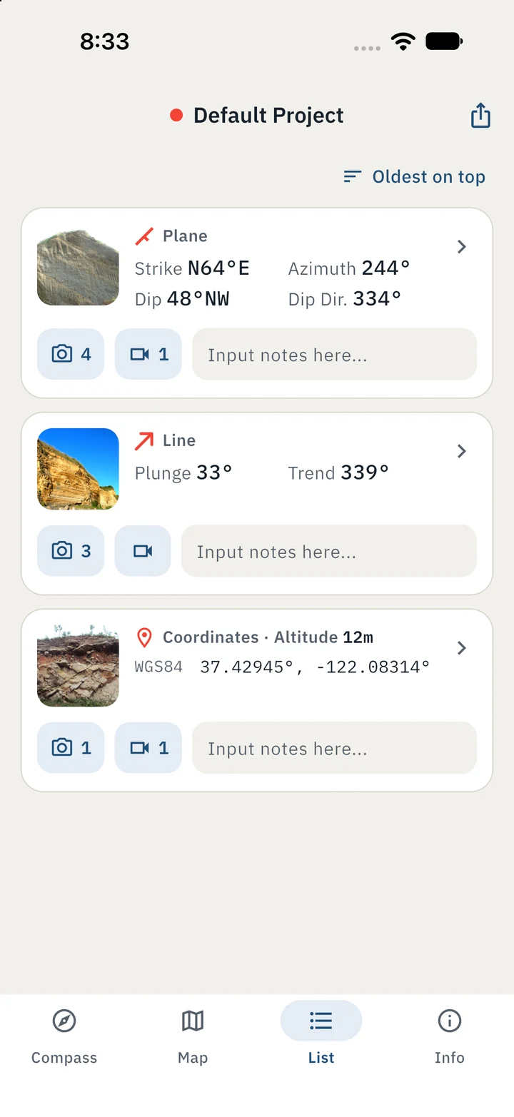 Measurement list with a plane, a line and a coordinates record, each with a photo thumbnail, photo and video counts and a notes field