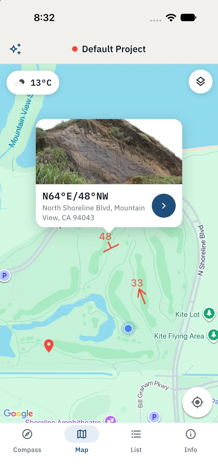 Map view with saved measurements drawn as strike-and-dip and trend symbols; a preview card shows N64°E/48°NW with an outcrop photo