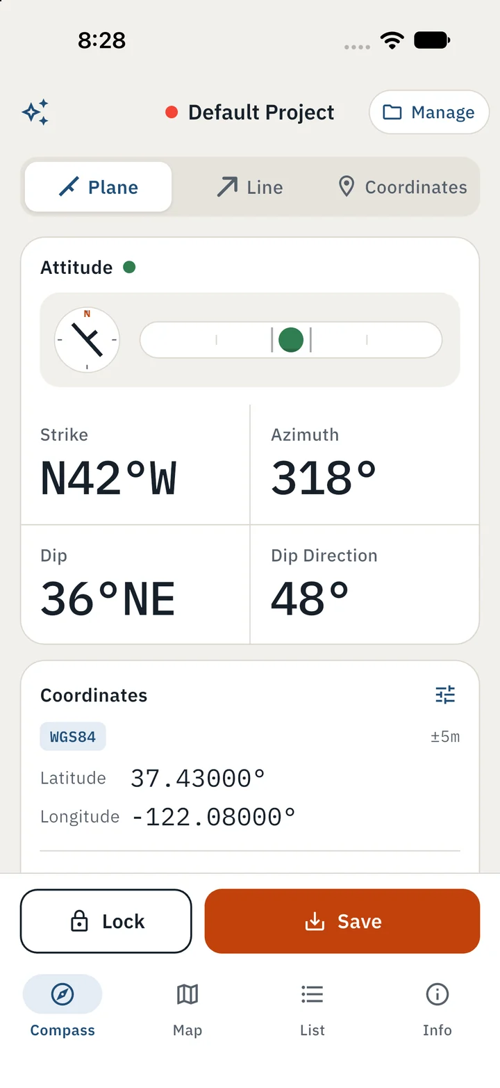 GeoCompass compass screen measuring a plane: strike N42°W, azimuth 318°, dip 36°NE, dip direction 48°